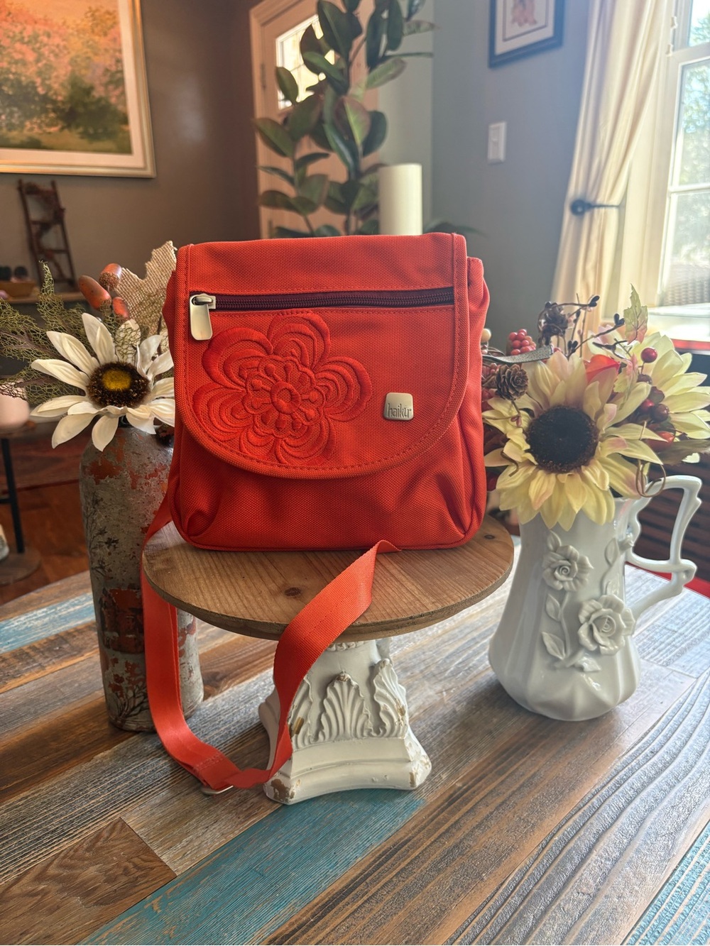 Haiku Jaunt Orange Floral Embroidered Travel Crossbody Bag Eco Friendly